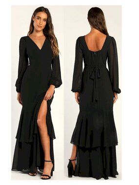 Lulus Tier Elegance Black Long Sleeve Tiered Maxi Dress Size Large New NWT